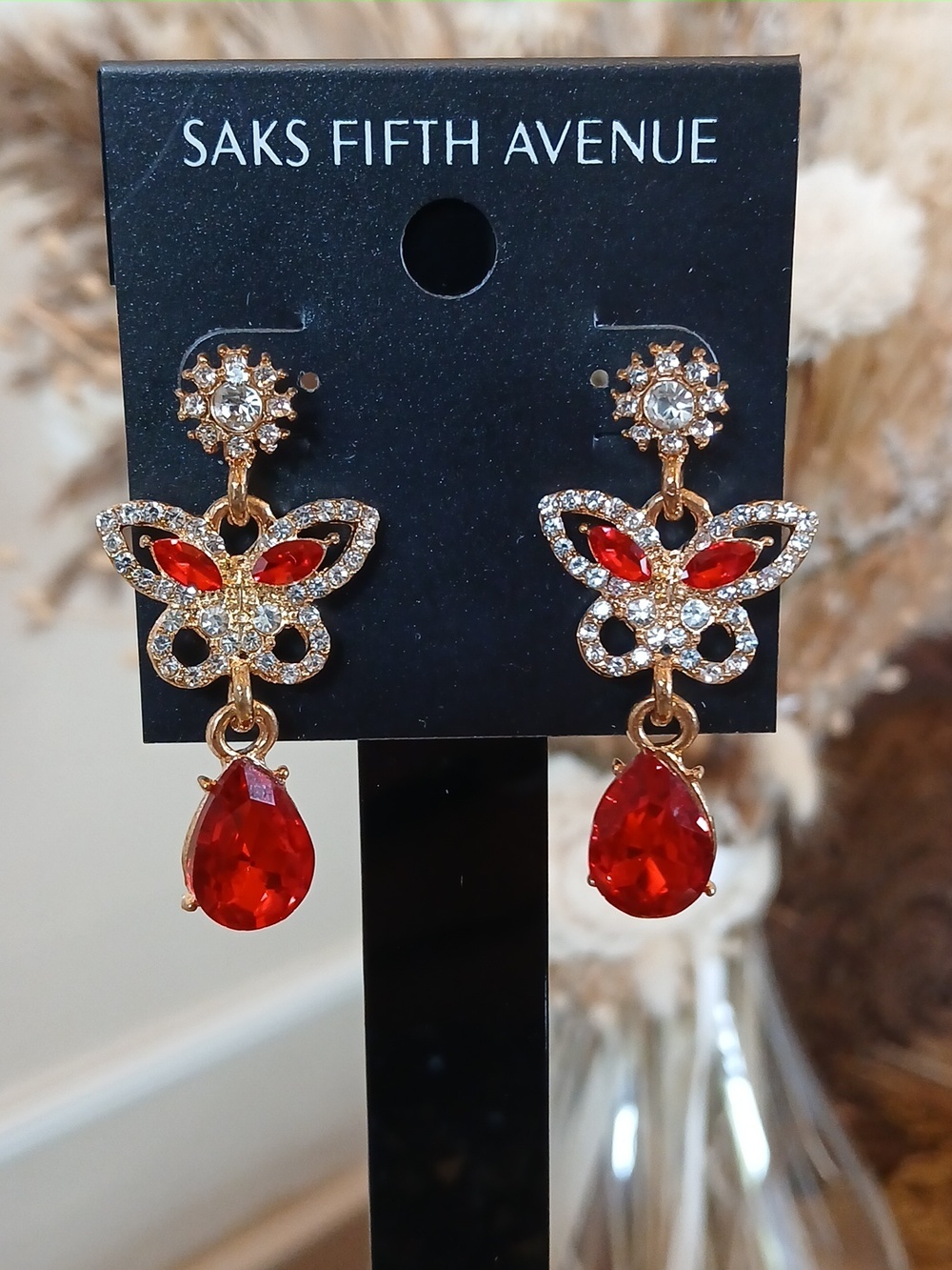 New Women's Saks Fifth Avenue Gold Butterfly Drop Earrings with Red Crystals